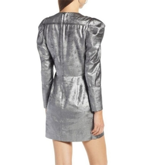 Something Navy Metallic Silver Puff Sleeve Mini Dress. Medium - Picture 3 of 13